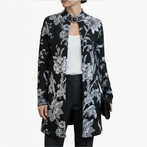 CYNTHIA ROWLEY Floral Knee Length Knit Duster Cardigan Buckle Black Gray Small